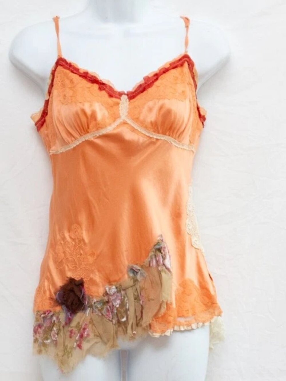Vgt Weavers Artist Upcycled Silk Satin Babydoll Lace Inlet Trim Cami Top Sz S/M